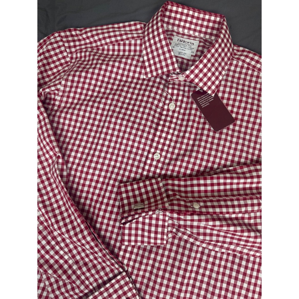 TM Lewin Mens Slim Fit Red Gingham French Cuff Dress Shirt 16 35 Two-Fold Cotton